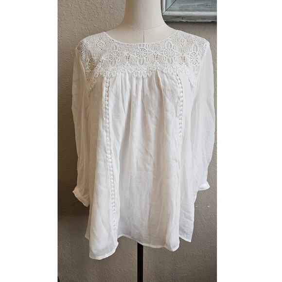 Figueroa & Flower Women Peasant Lace Crochet Neck Top Sz L Cottage Prairie White - Picture 2 of 7